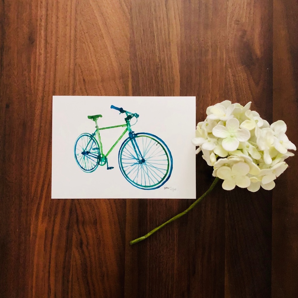 Giclee Bike Art Prints: Blue Tonal Watercolor & Graphite